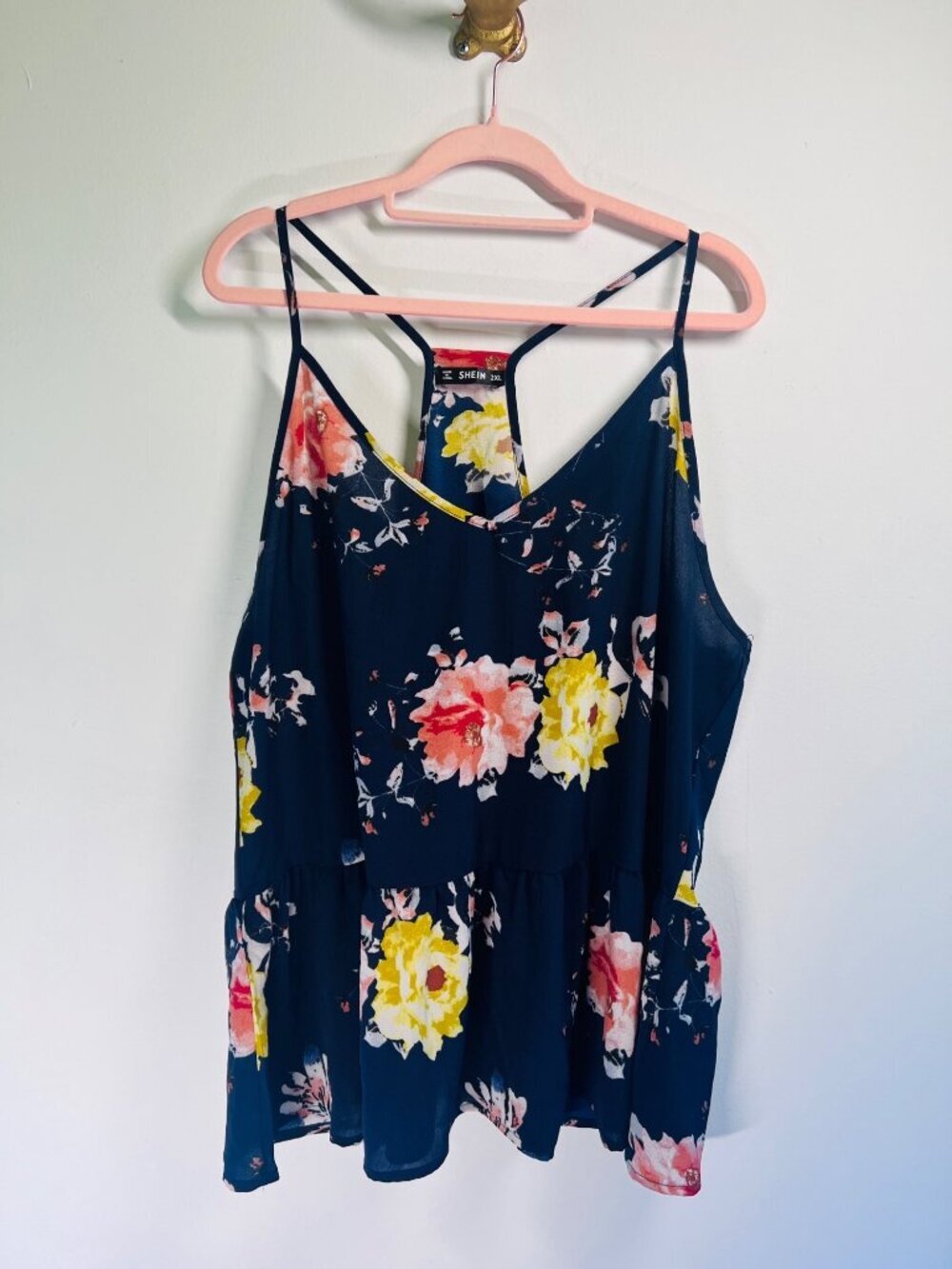 Shein Floral Racerback Tiered Tank Top Navy 2XL Lightweight Sleeveless Blouse